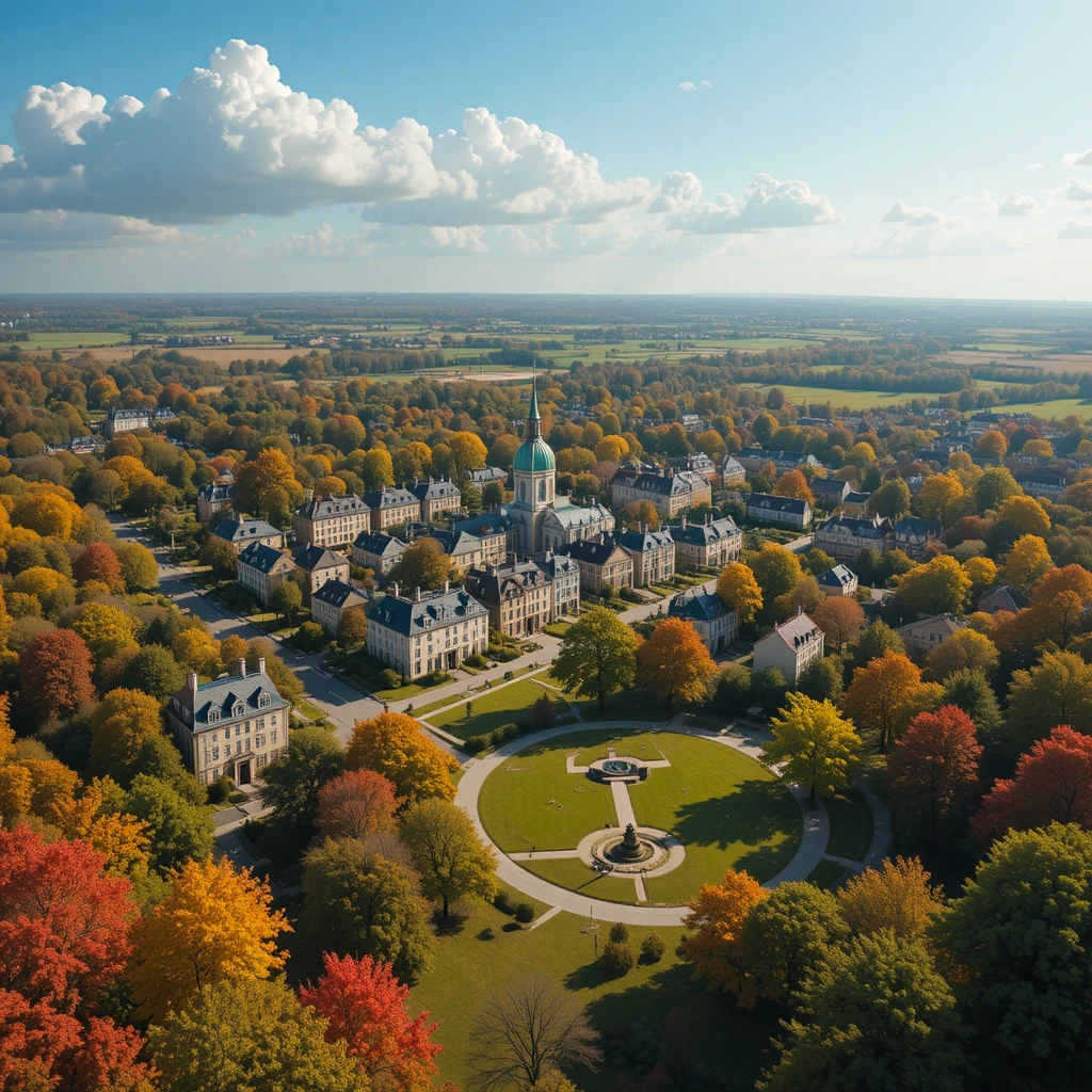 Sunny small town with green fields and autumn trees