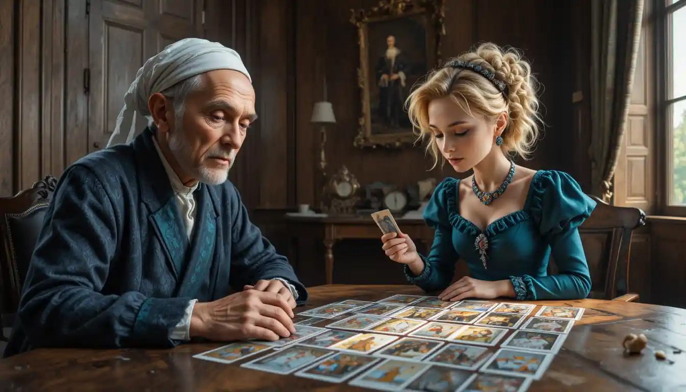 Elderly man and young woman reading tarot at a table