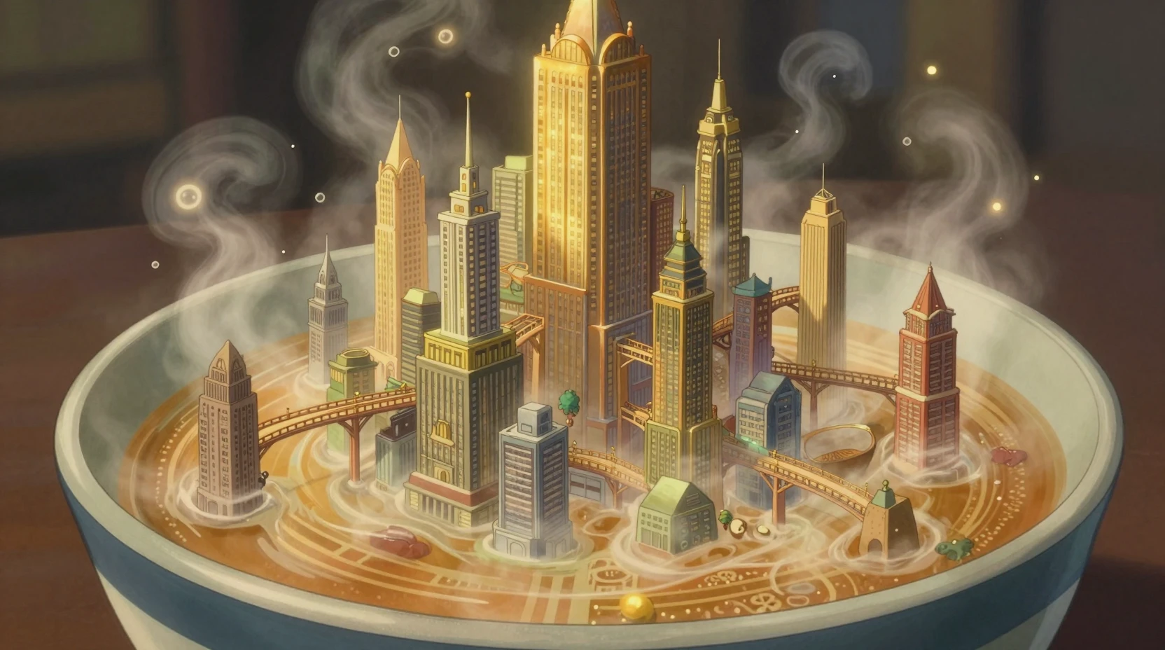 Whimsical fantasy city rising from a steaming soup bowl