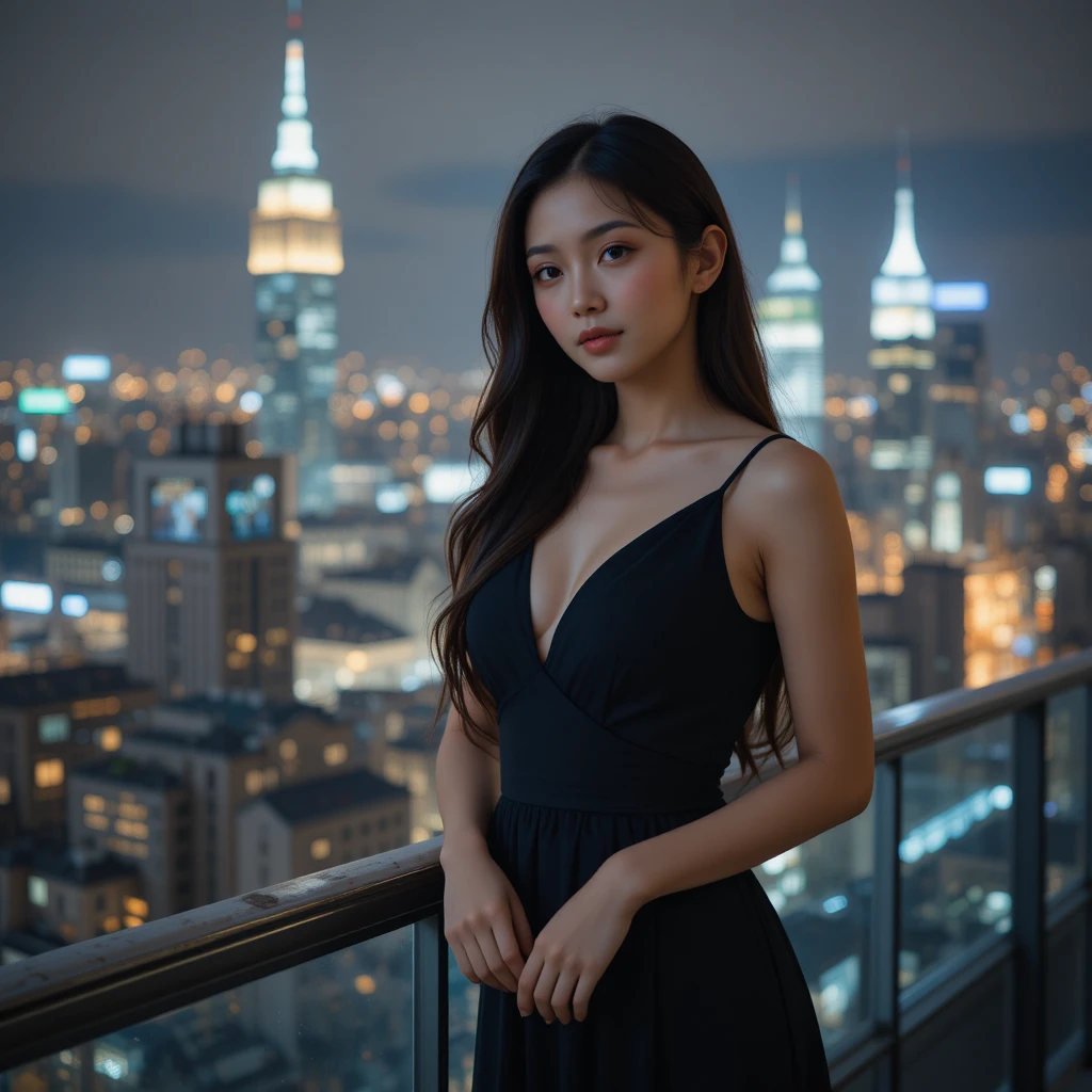 빛나는 도시 스카이라인을 내려다보는 발코니에 선 젊은 아시아 여성