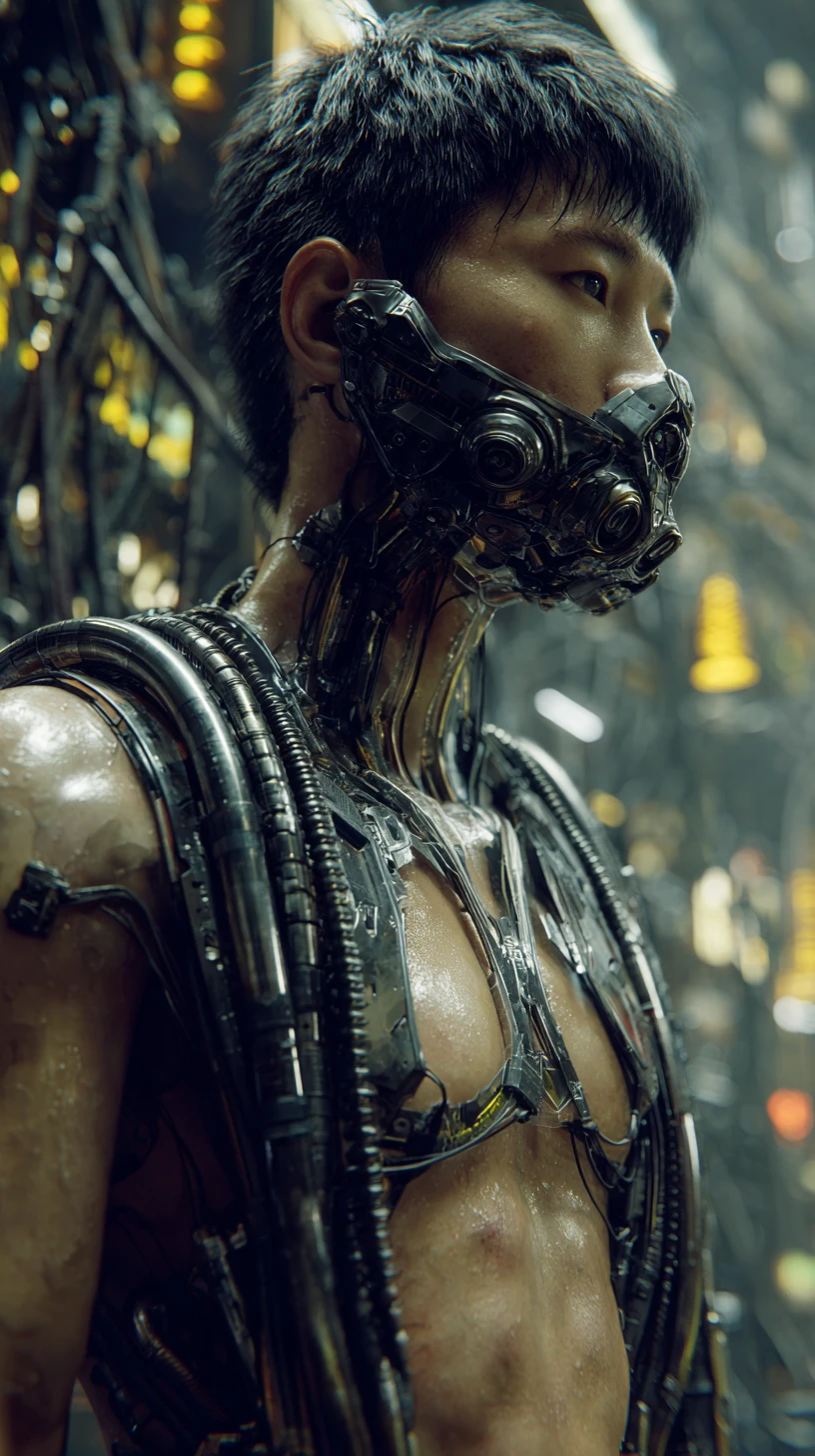 Homem cyberpunk grisalho com pescoço mecânico em Tóquio
