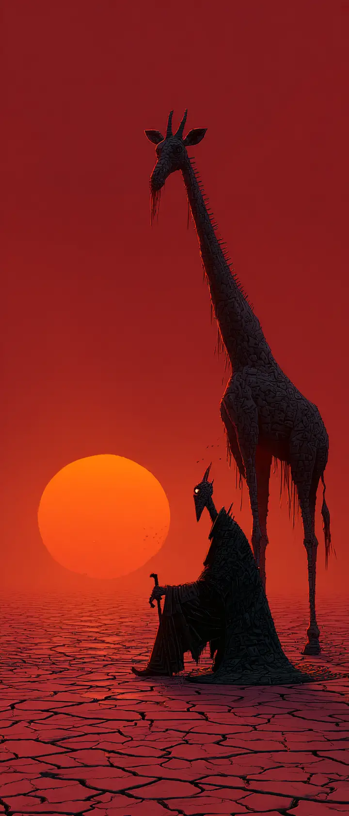Solitario samurai anime accanto a una giraffa compagna che svanisce