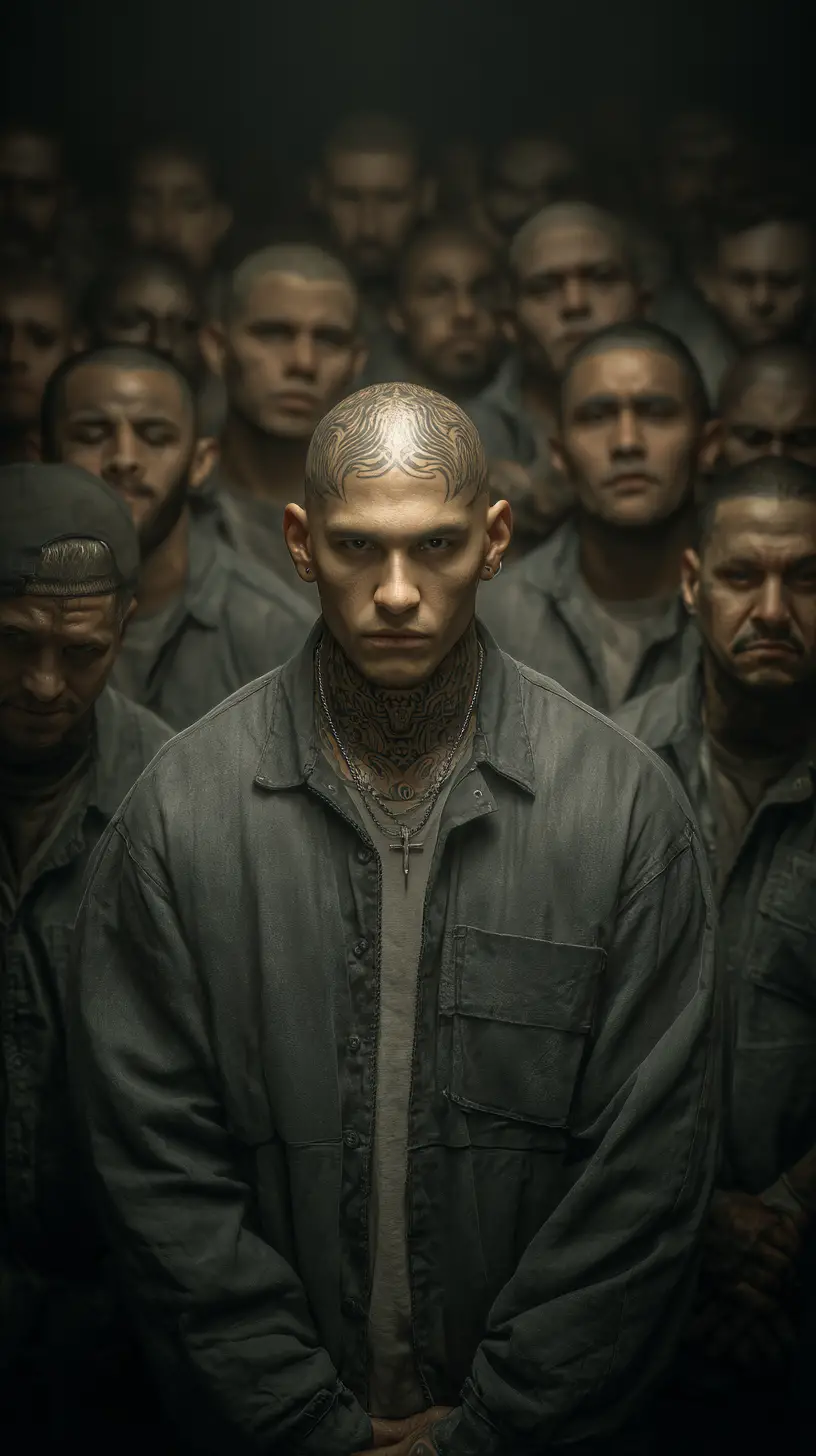 Latino gang members gathered inside a realistic prison