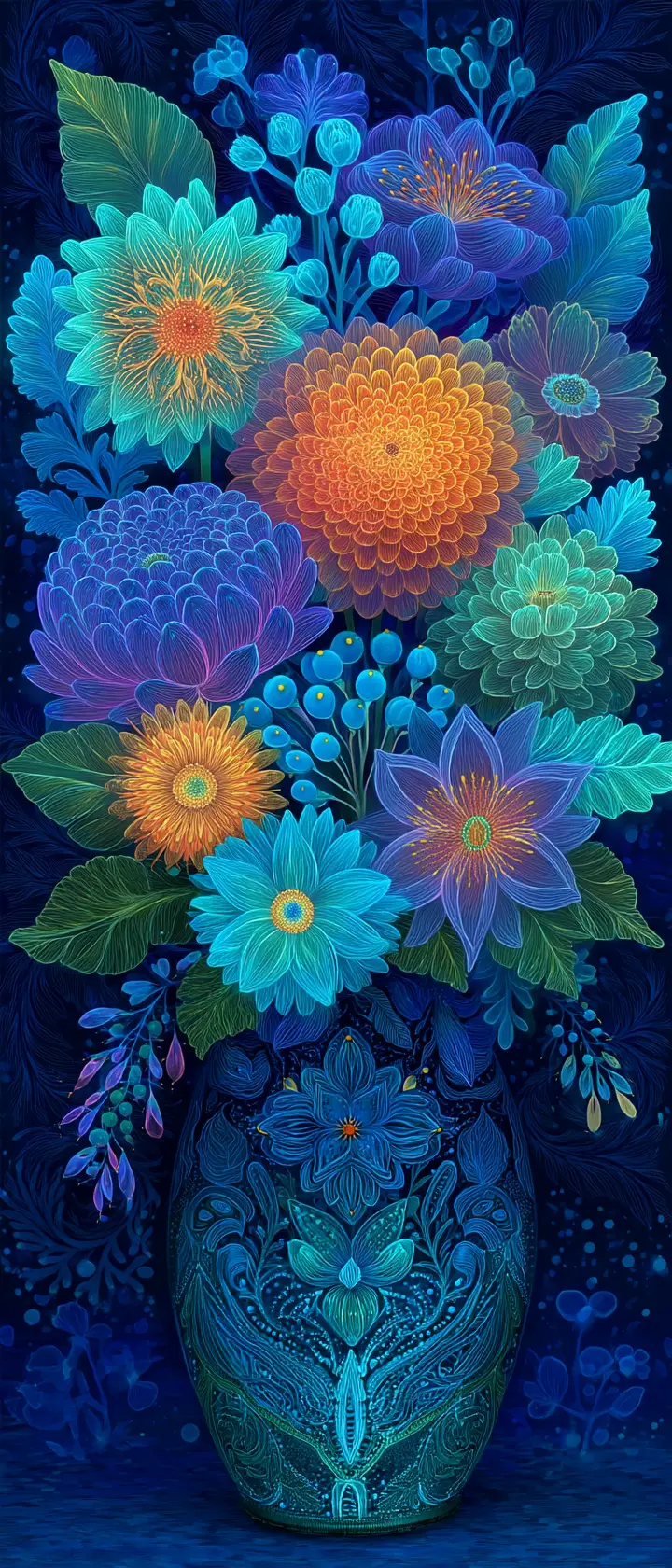 Neon-Blumenvase unter Schwarzlicht vor dunklem abstraktem Hintergrund