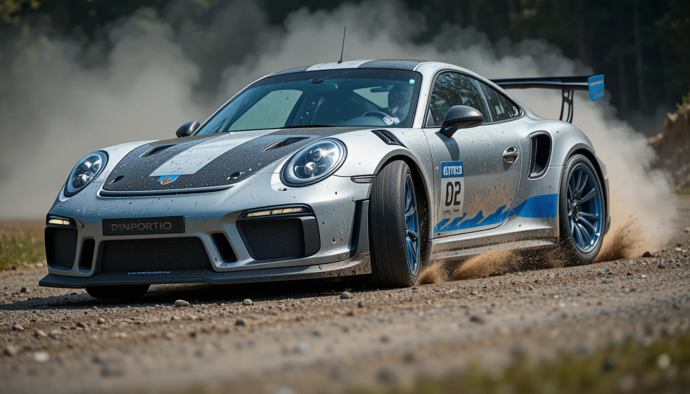 Silver Porsche 911 drifting through a gravel forest corner
