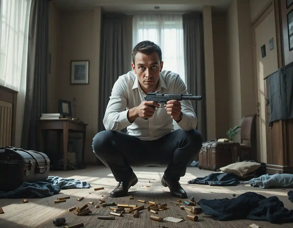 Determined man loading a pistol in a dim hotel room