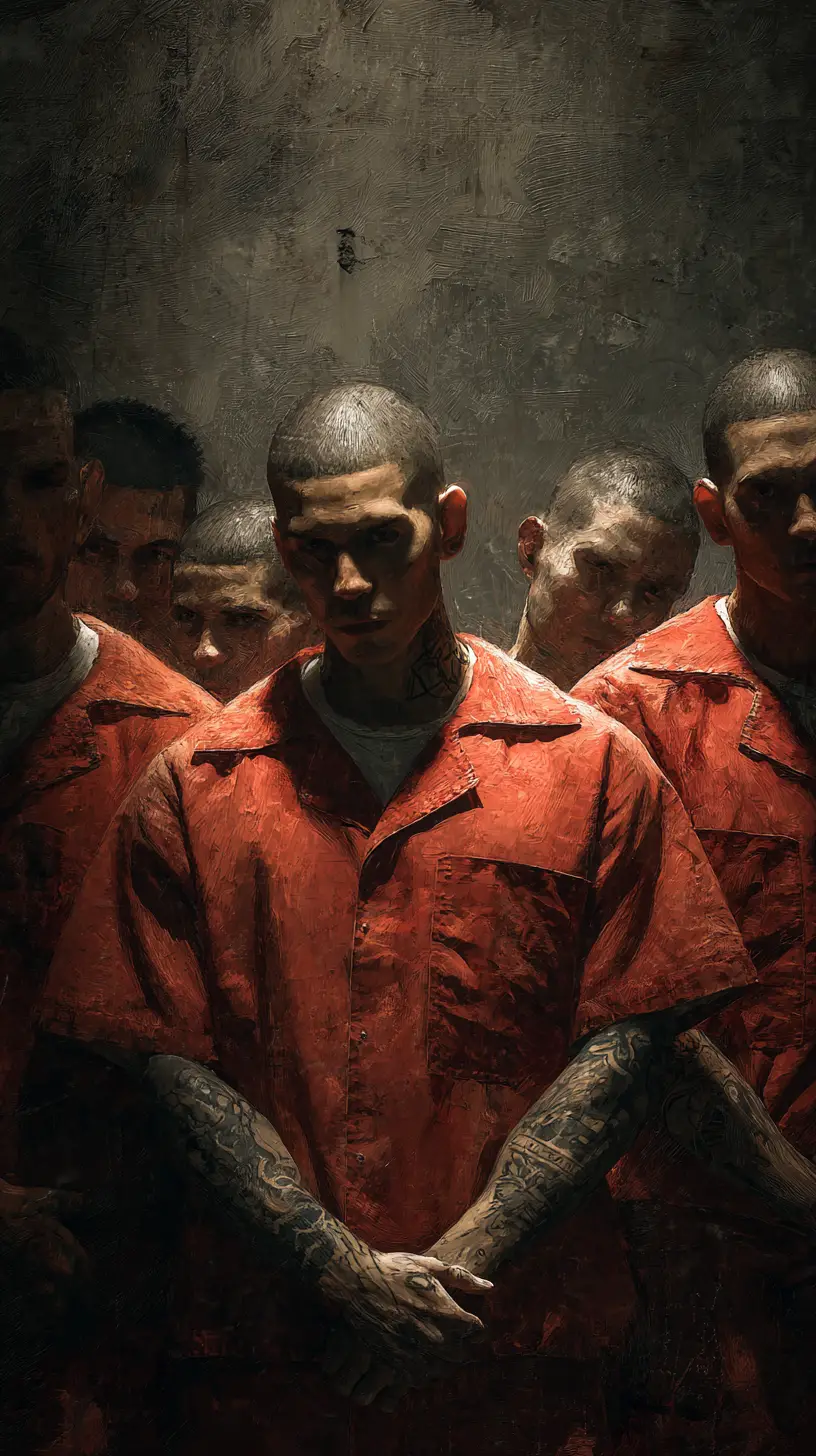 Latino gang members gathered inside a realistic prison