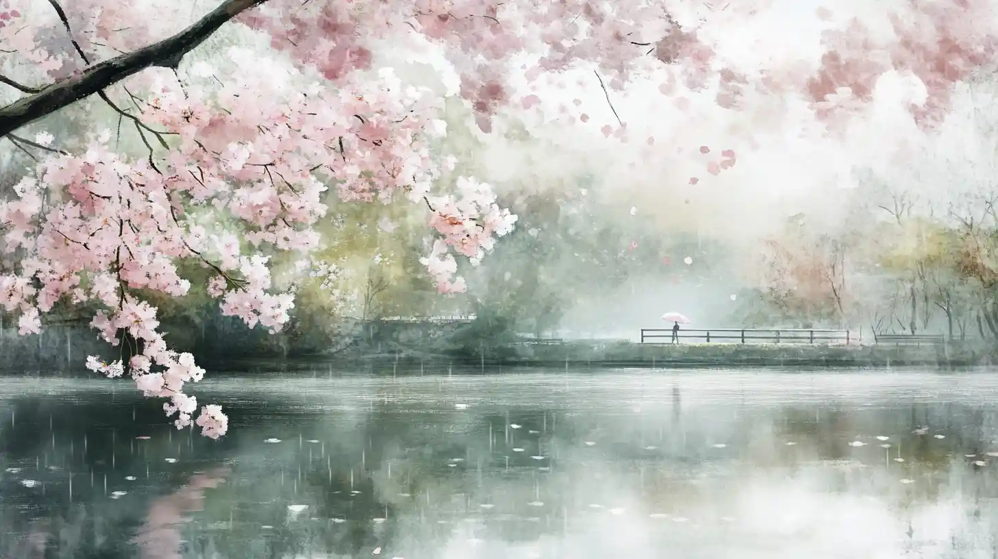 Tranquil Cherry Blossoms Over A Rainy Park Pond