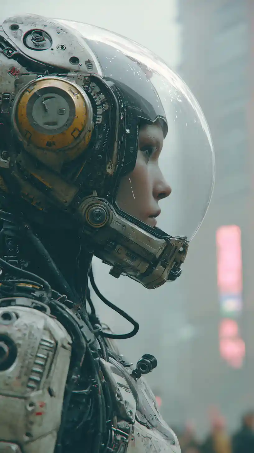 Close up sci fi woman confined inside futuristic prison