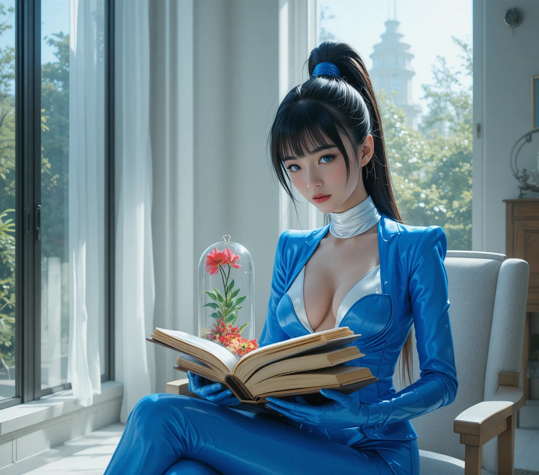 Futuristic woman reading in glass jar with vivid blue eyes