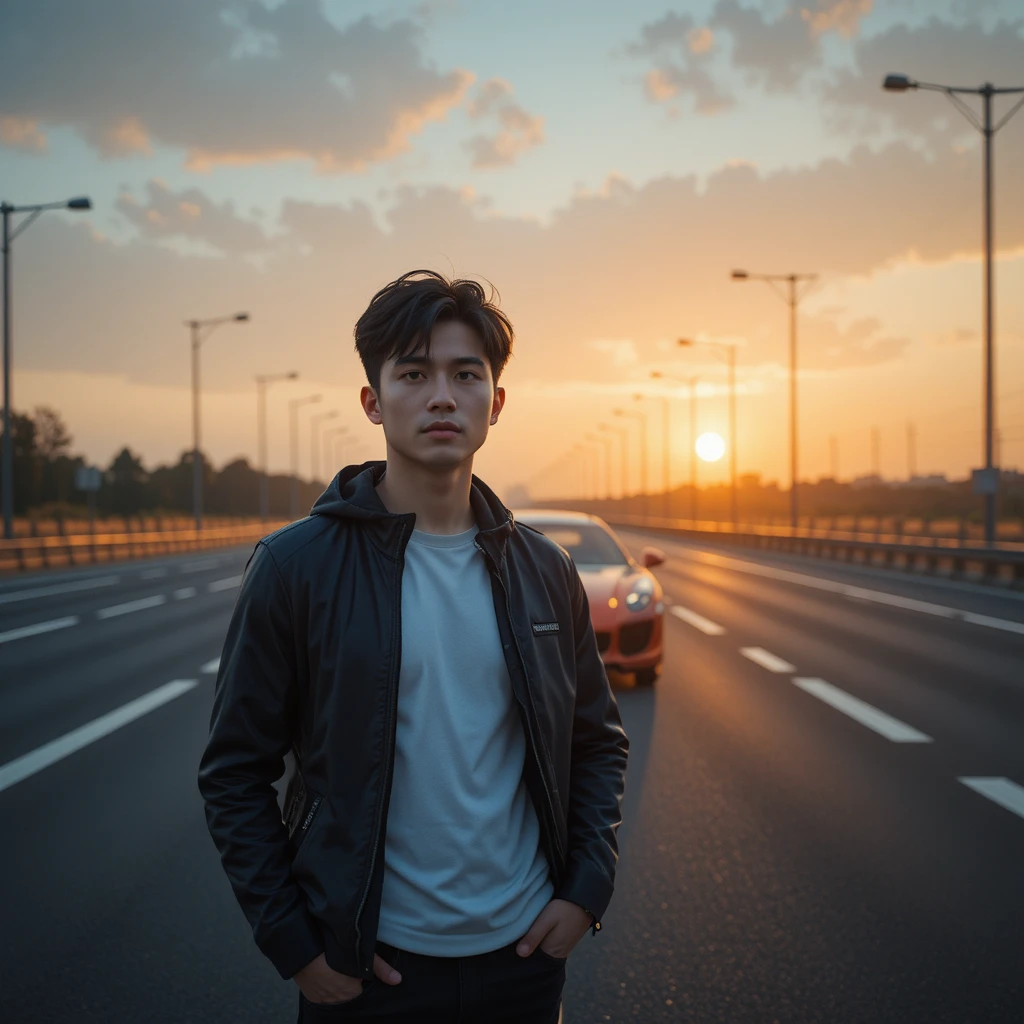 Jeune homme confiant sur une autoroute moderne au coucher du soleil