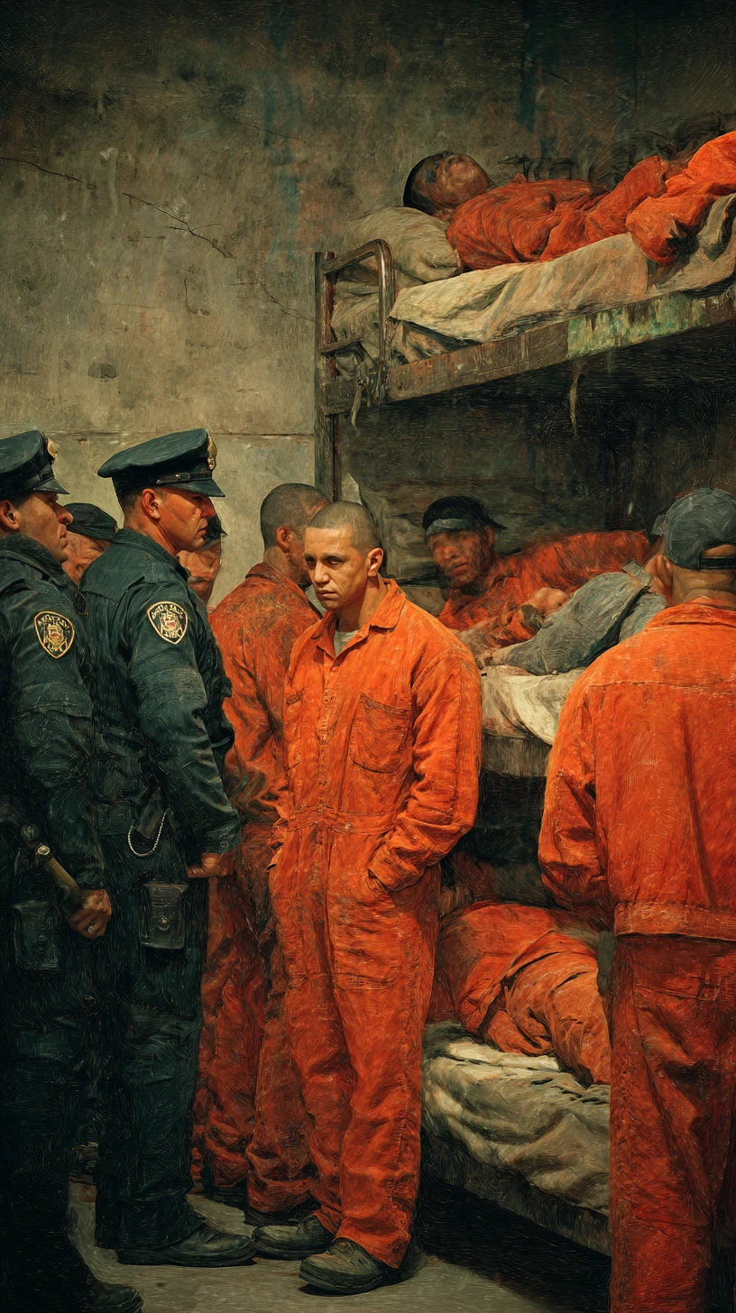 Prisonniers latinos dans une cellule de prison mexicaine surpeuplée avec des gardiens