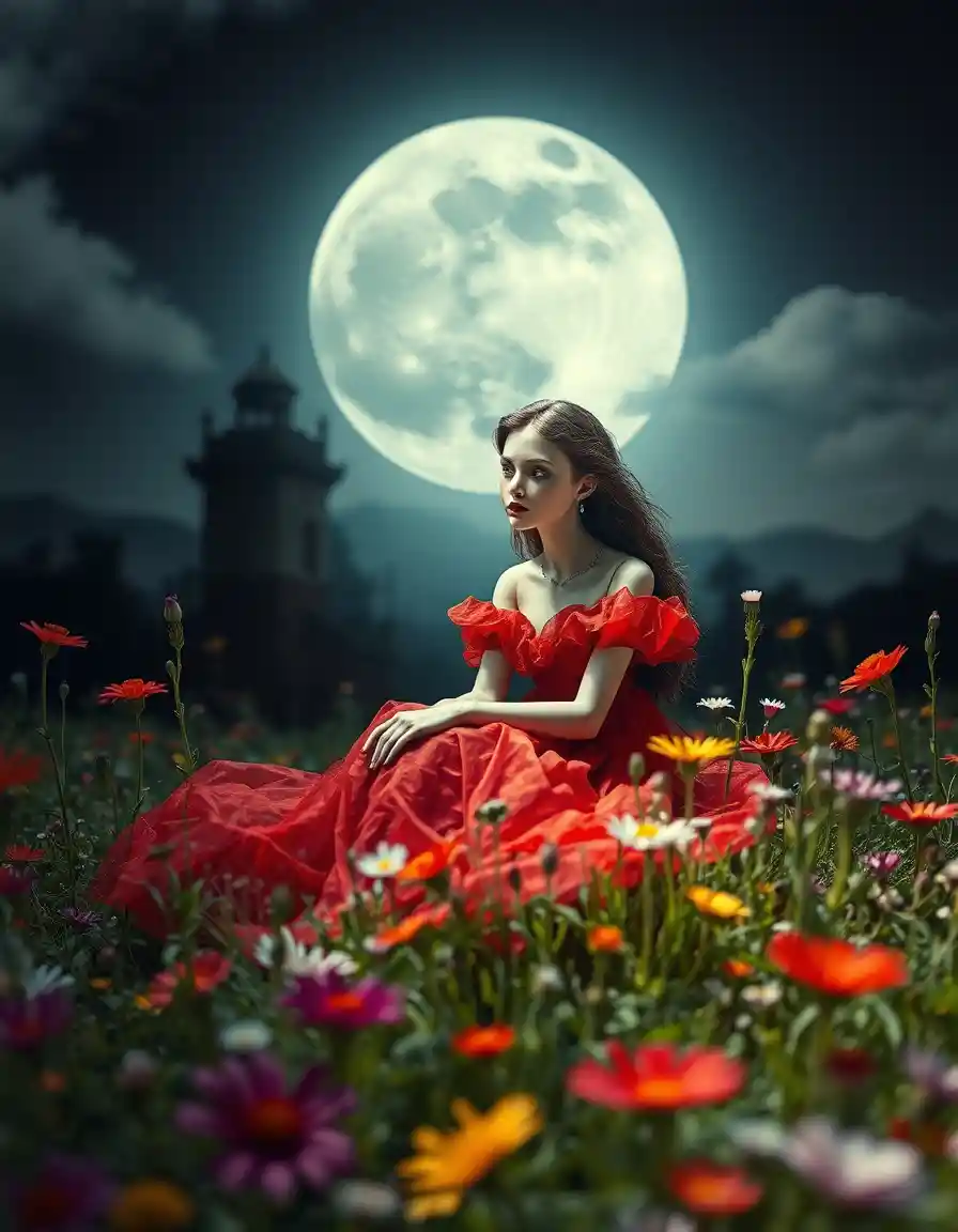 Mujer etérea de rojo descansando en un prado florido a la luz de la luna
