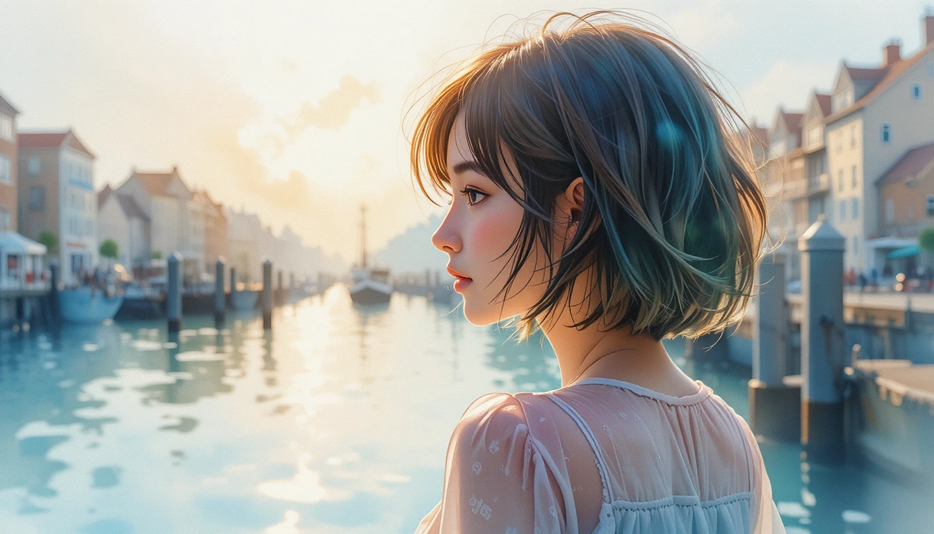 Short haired girl at a calm watercolor morning harbor