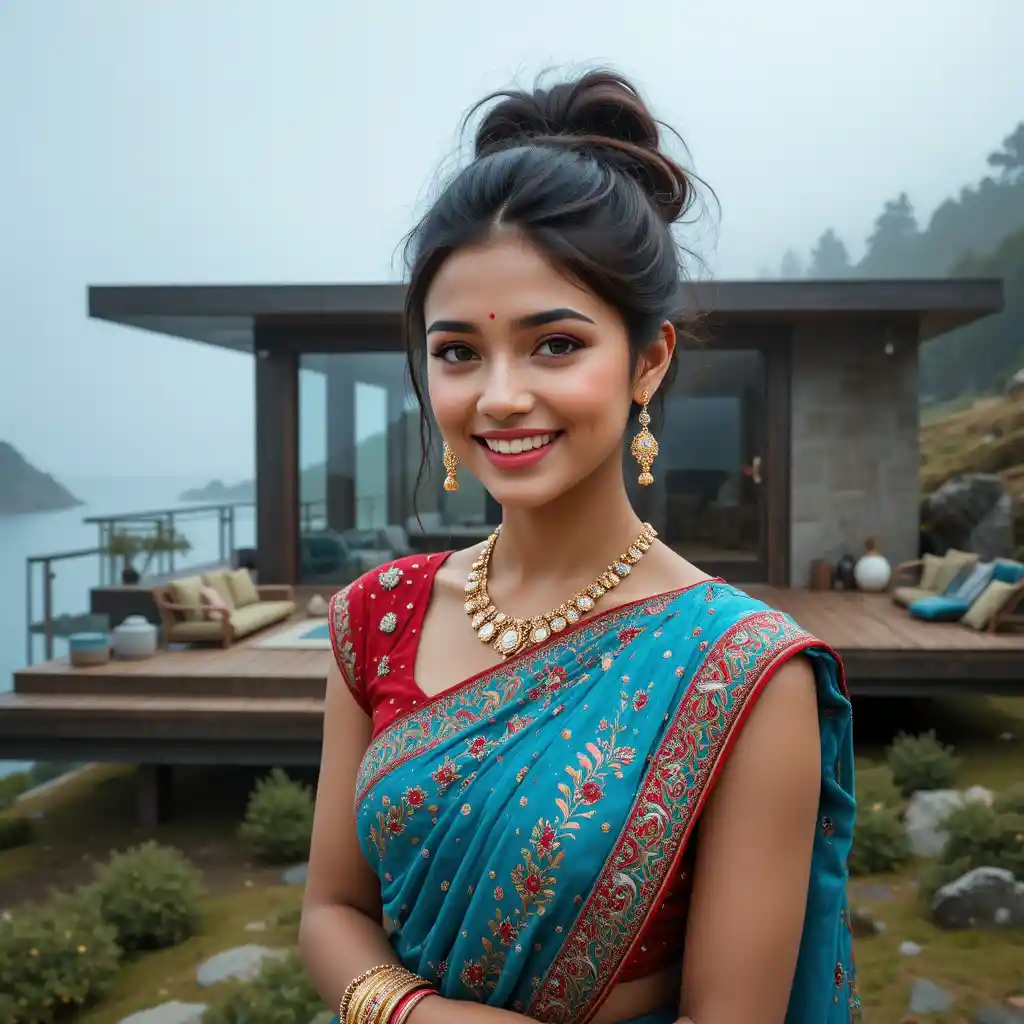 Fröhliches indisches Mädchen im meerblauen Sari im Nahaufnahme-Porträt