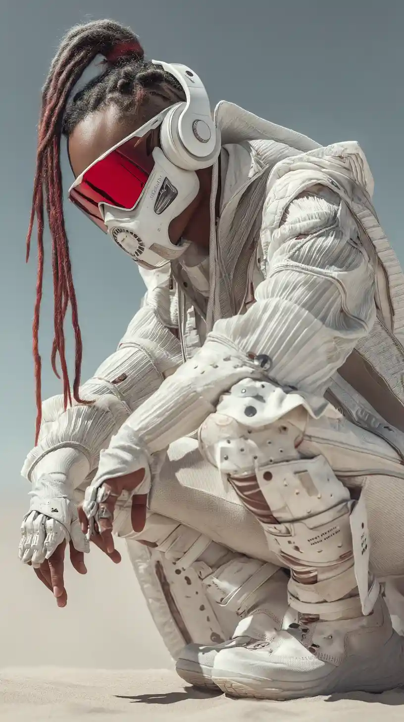 Futuristic desert wanderer in white respirator and tactical style