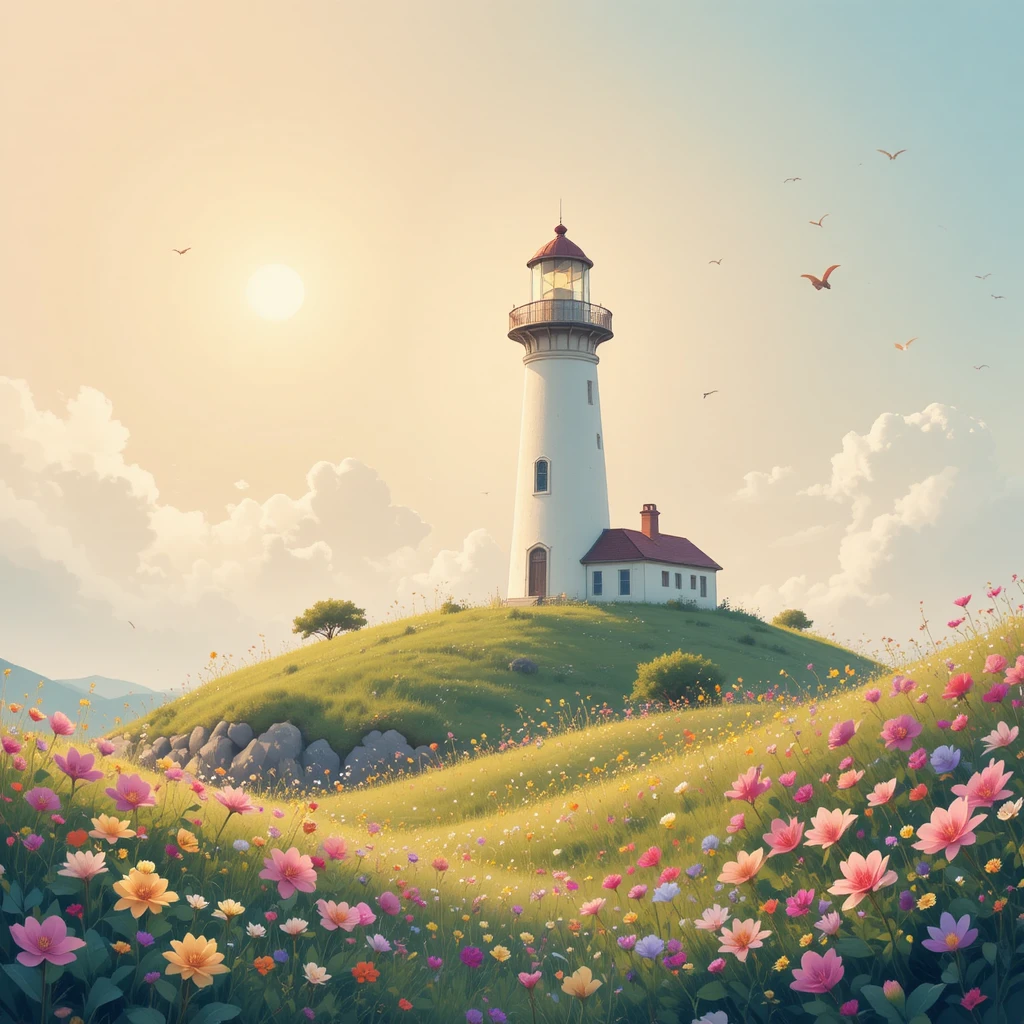 Pastel lighthouse on a grassy hill with spring flowers