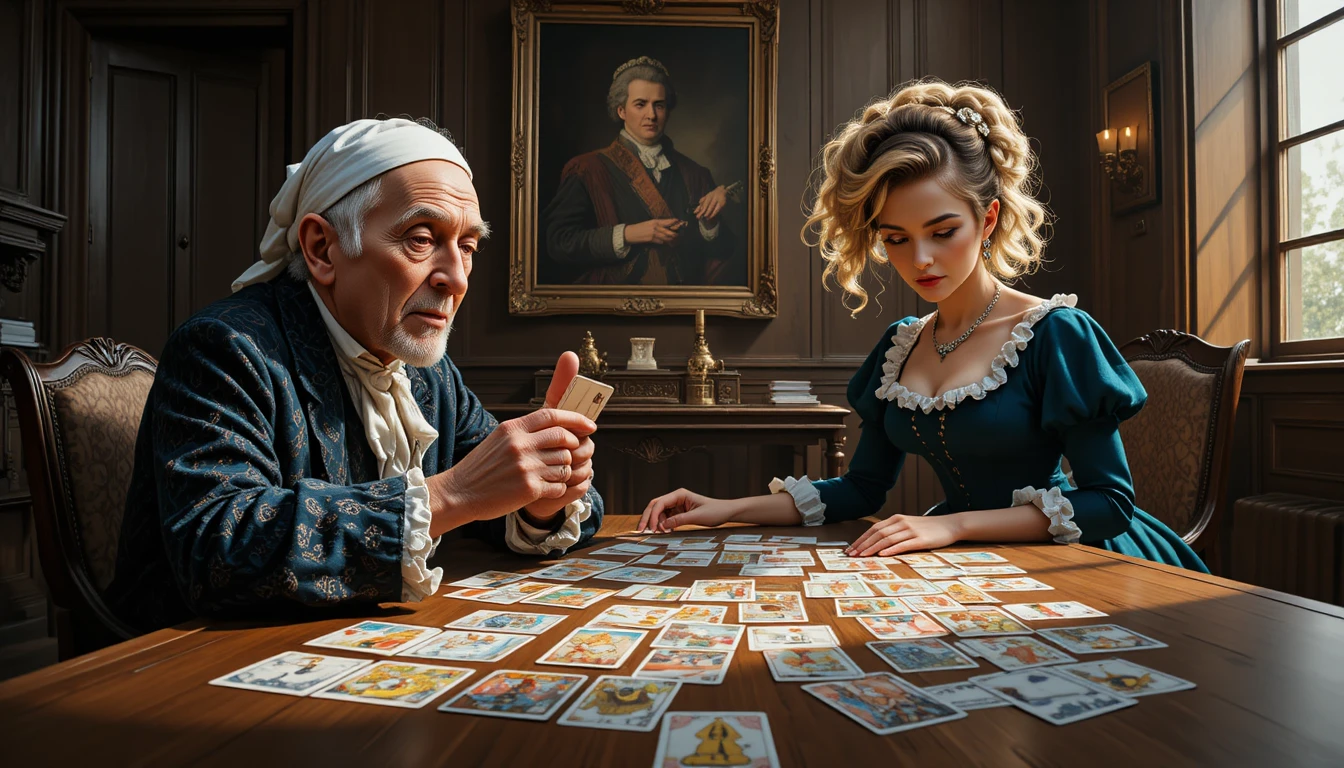 Young woman reading tarot cards beside elderly man