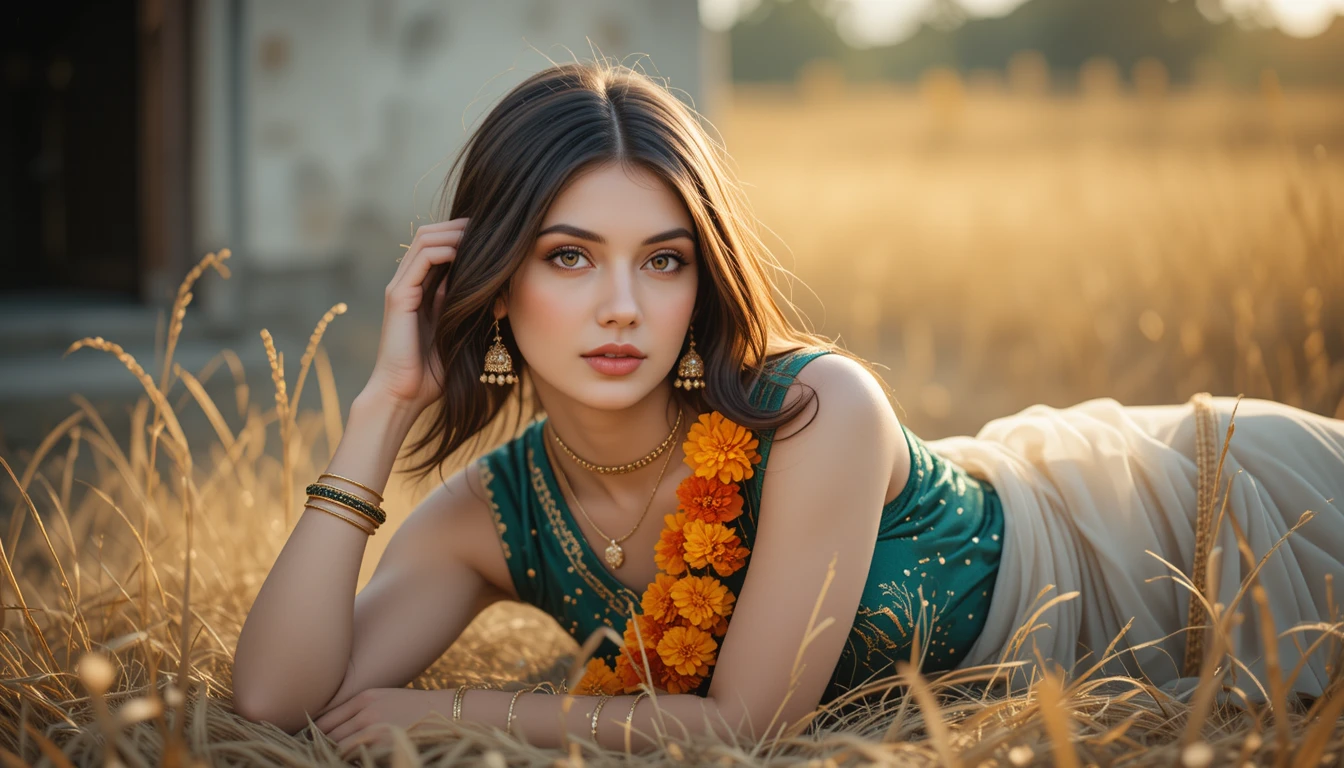 Graceful South Asian girl in emerald saree portrait