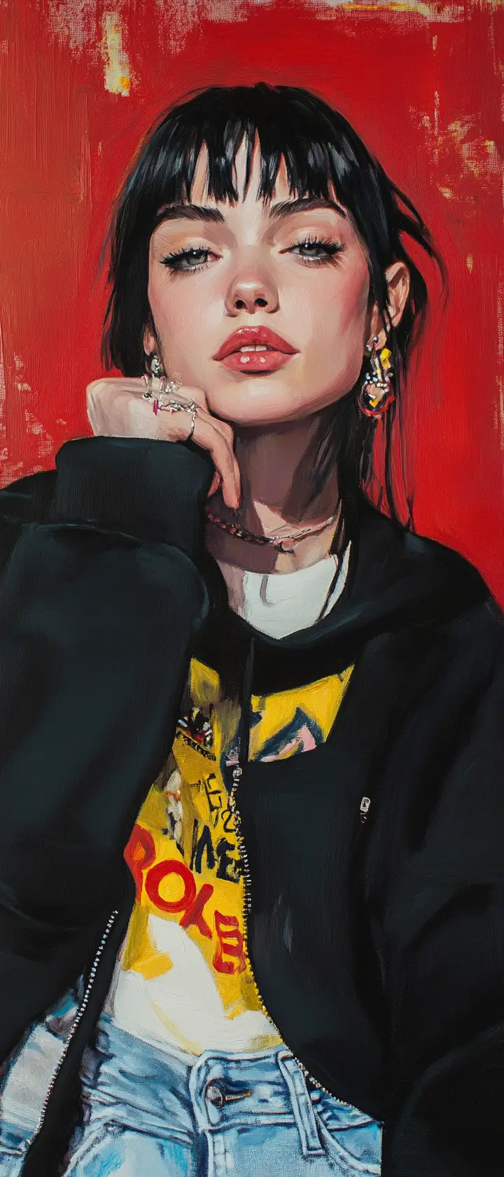 Melancholic young woman in mustard sweatshirt oil painting