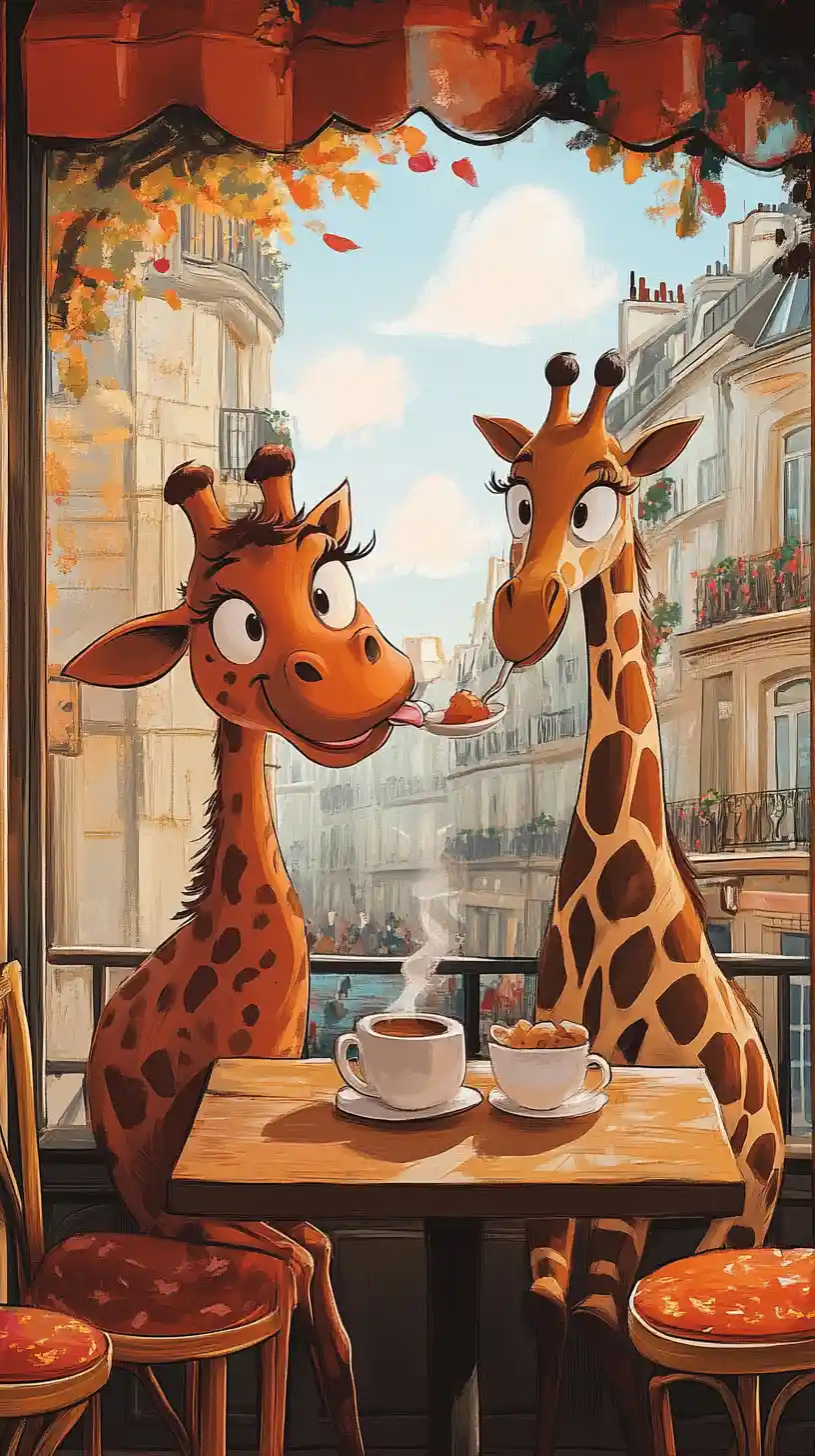 Hippo And Giraffe Drinking Tea At A Paris Cafe