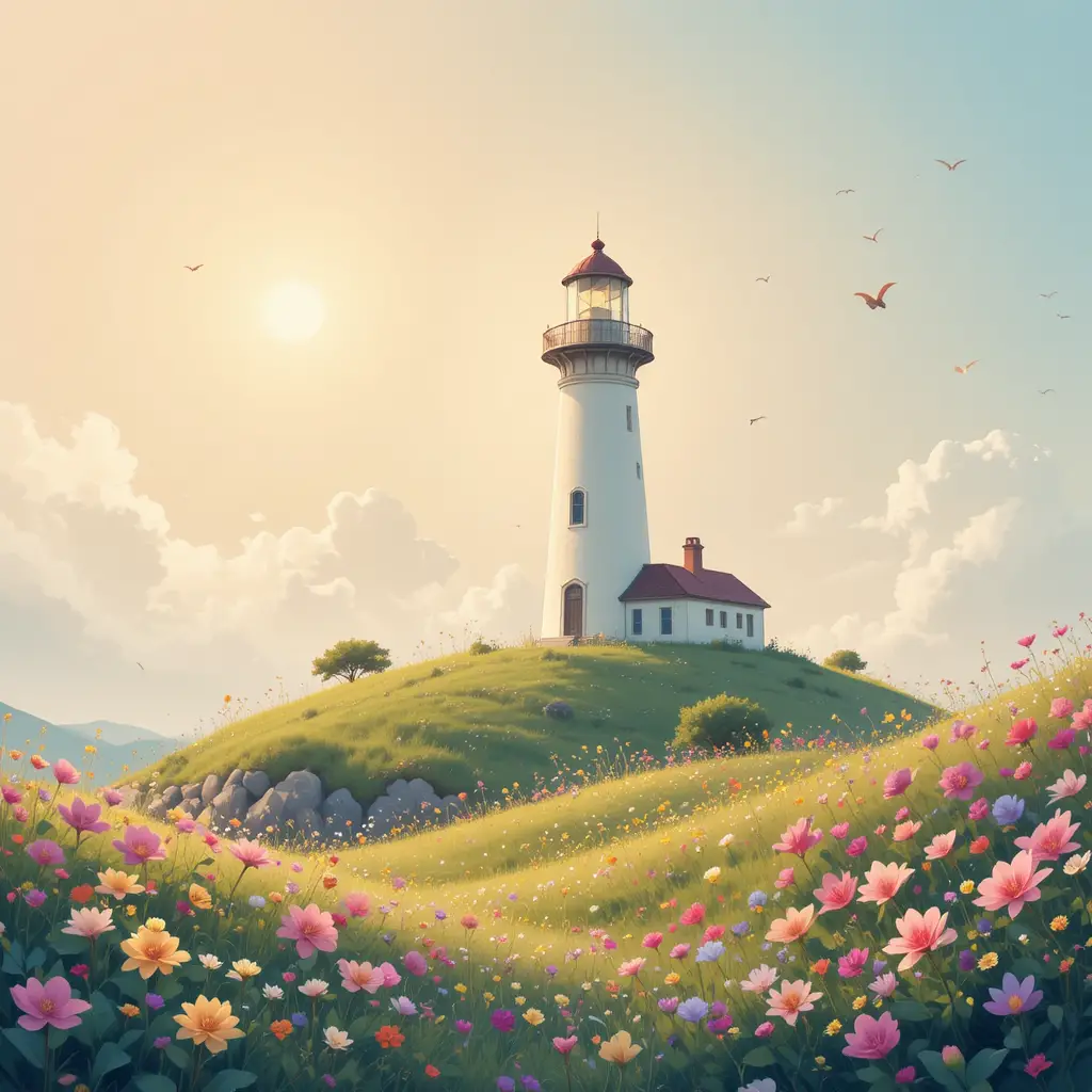 Pastel lighthouse on a grassy hill with spring flowers