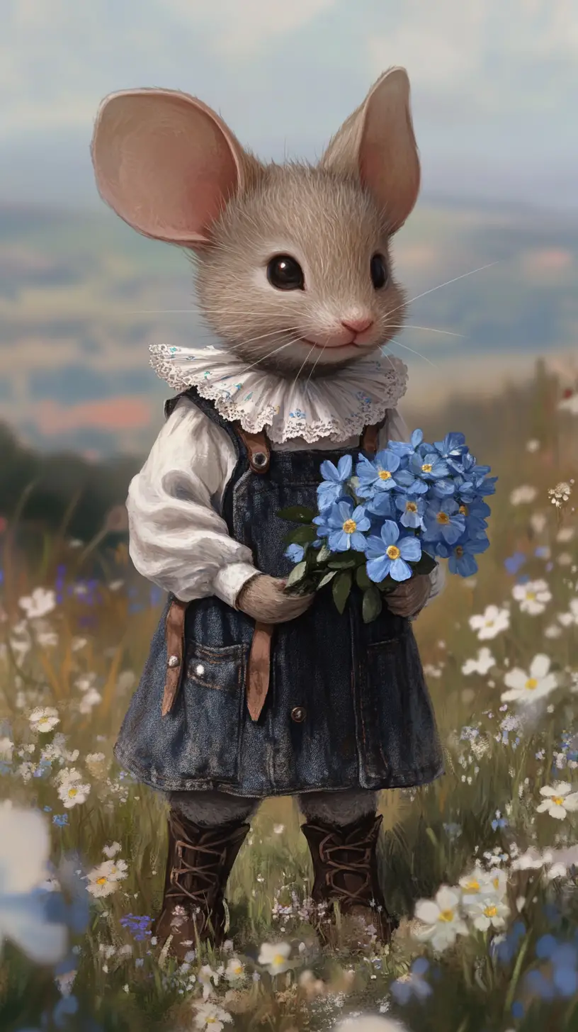 Anthropomorphes Baby-Mäuschen in blauer Latzhose zwischen Wildblumen