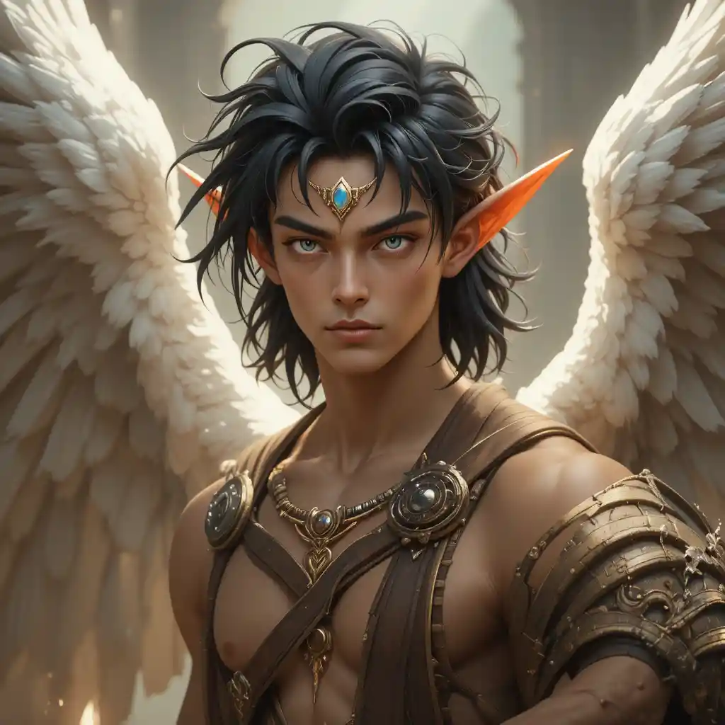 Angel warrior man with wings in a Wakfu fantasy world