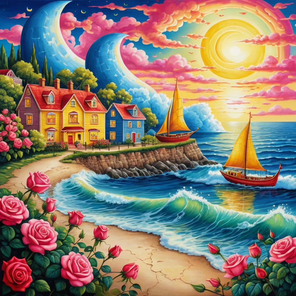 Ville côtière colorée avec vagues au clair de lune et bordure de roses