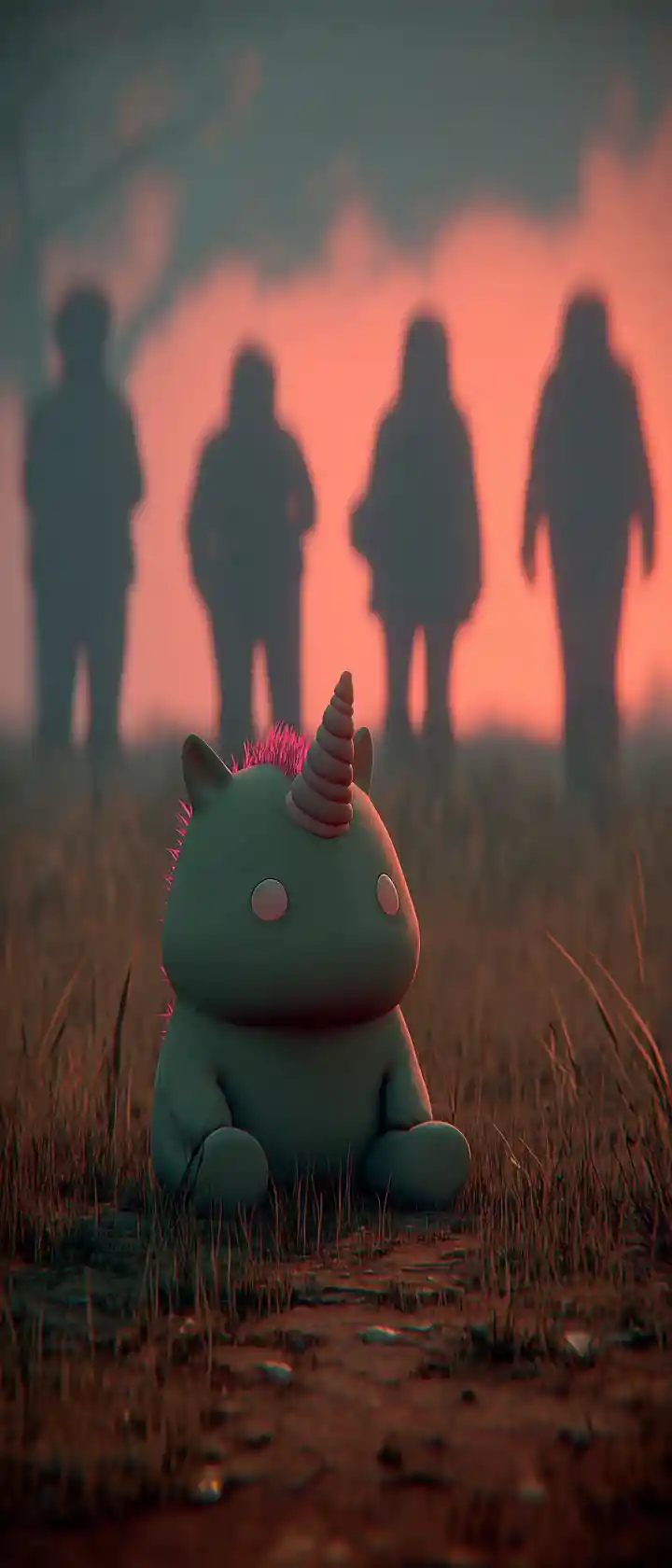 Sad anime unicorn toddler alone in a quiet meadow