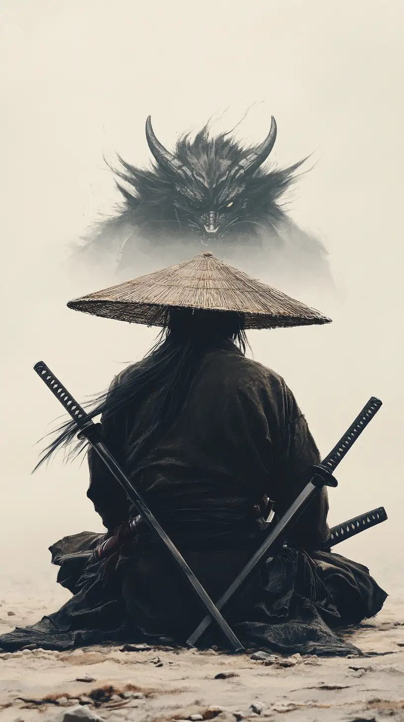 Samouraï solitaire agenouillé dans le sable face à un dragon ombrageux