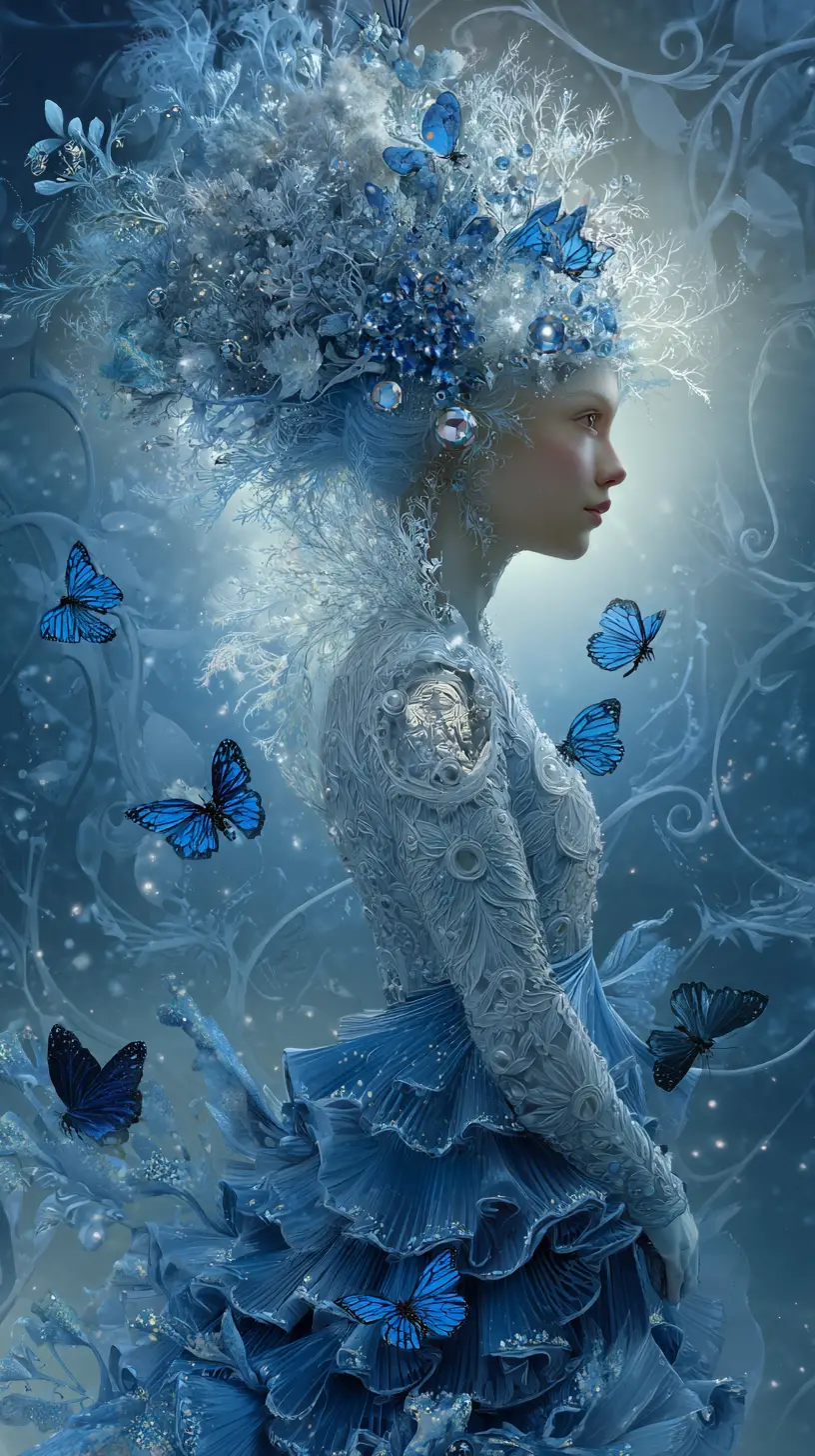 Ethereal crowned woman with butterflies in blue fantasy forest