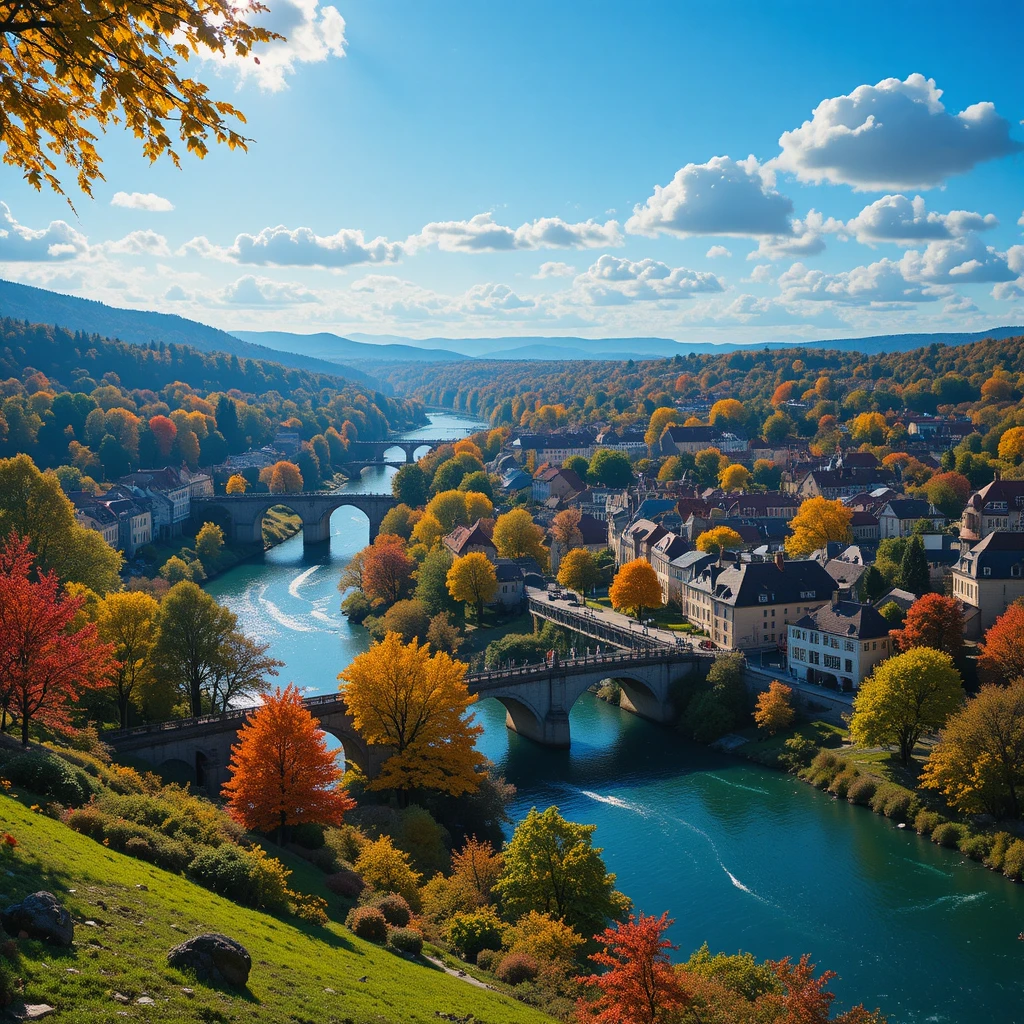 Colorful riverside town with baroque buildings and bridge