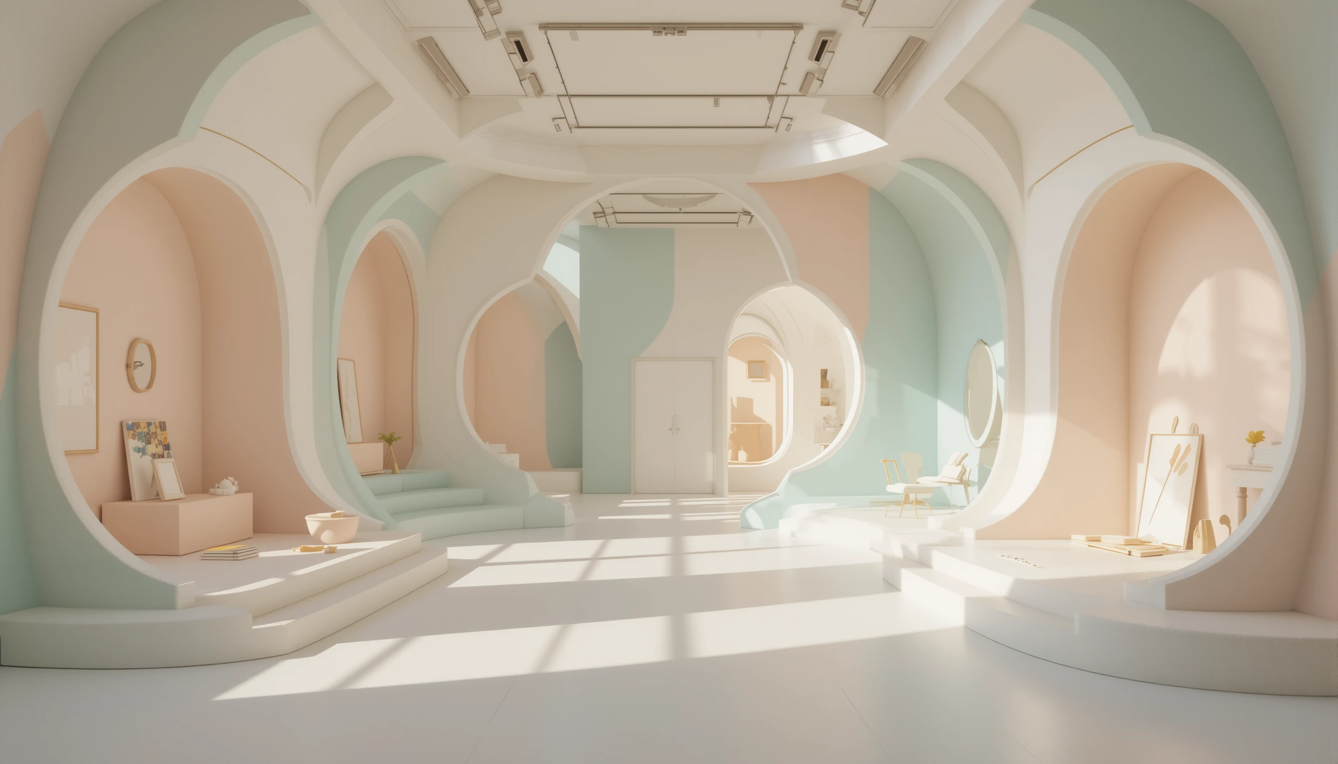 Minimalist pastel art gallery with sculptural interior forms
