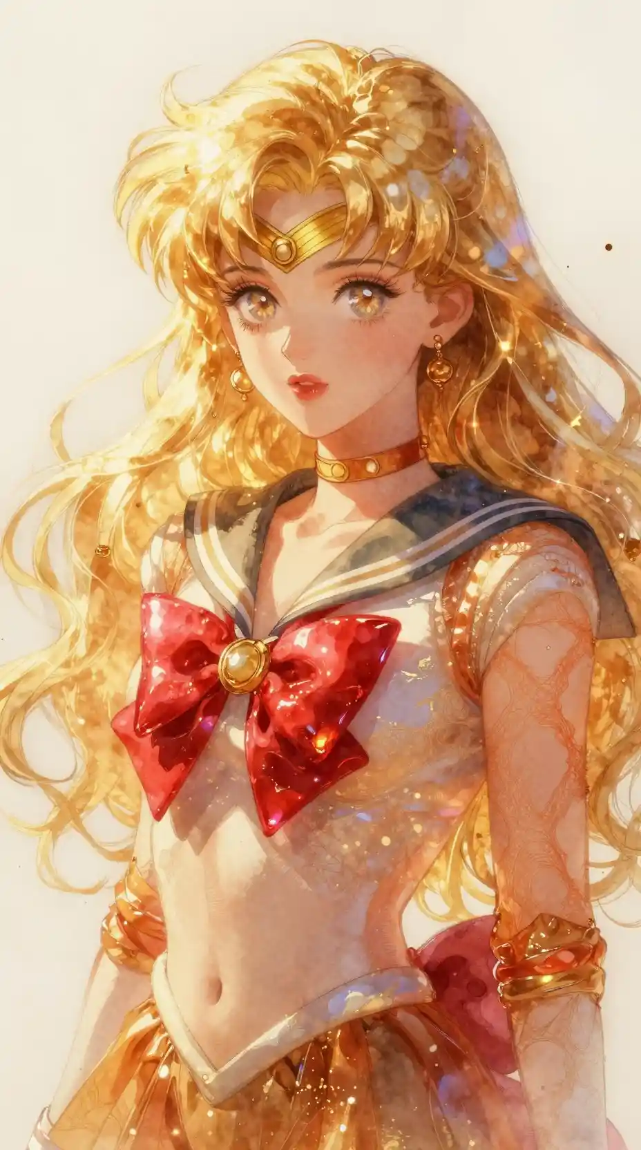 Watercolor portrait of a glowing golden haired anime woman
