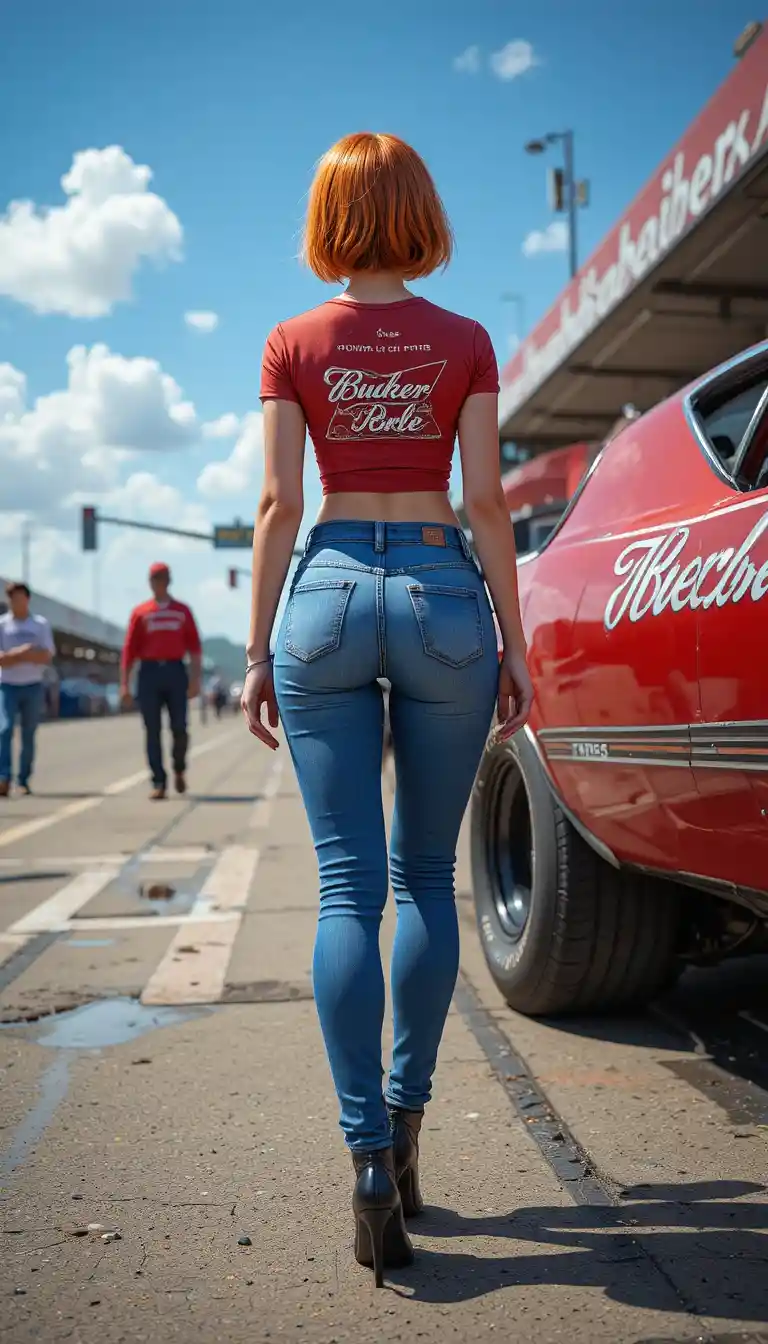 Low angle view of a woman by a race track car