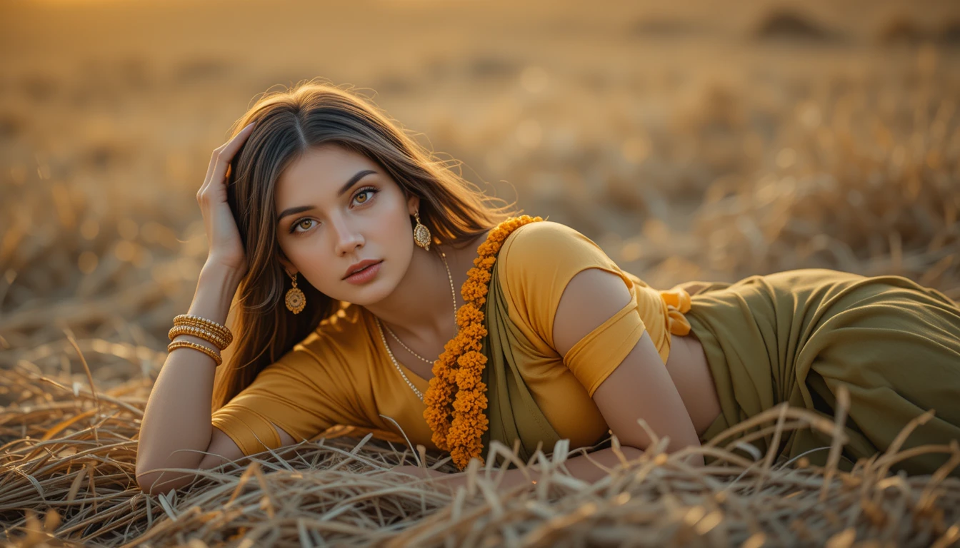 Femme d'Inde du Sud se reposant sur de l'herbe sèche à l'heure dorée