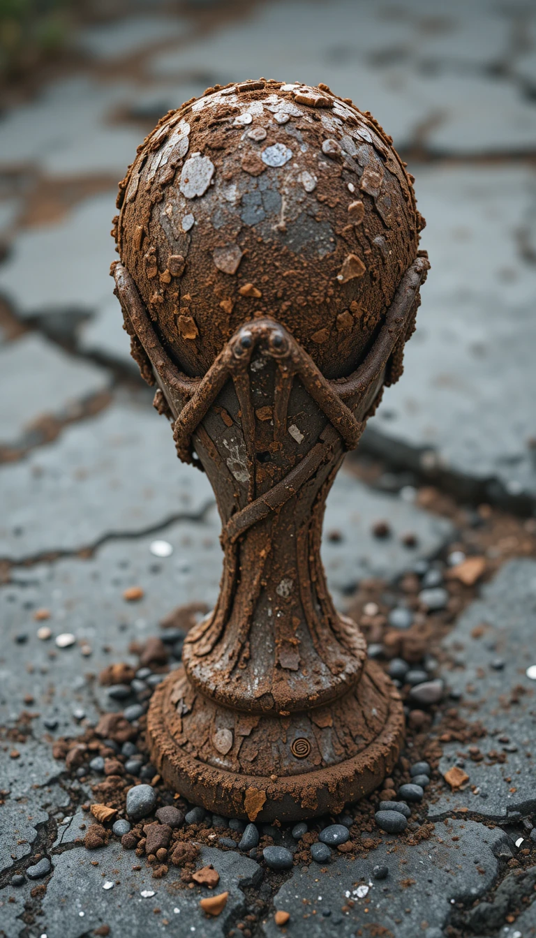 Rusted world cup trophy on rough gray stone outdoors
