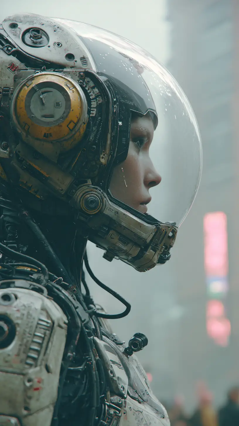 Close up sci fi woman confined inside futuristic prison