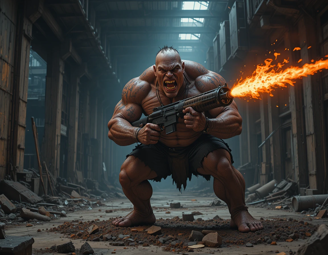 Scarred warrior with heavy machine gun in red strobe light