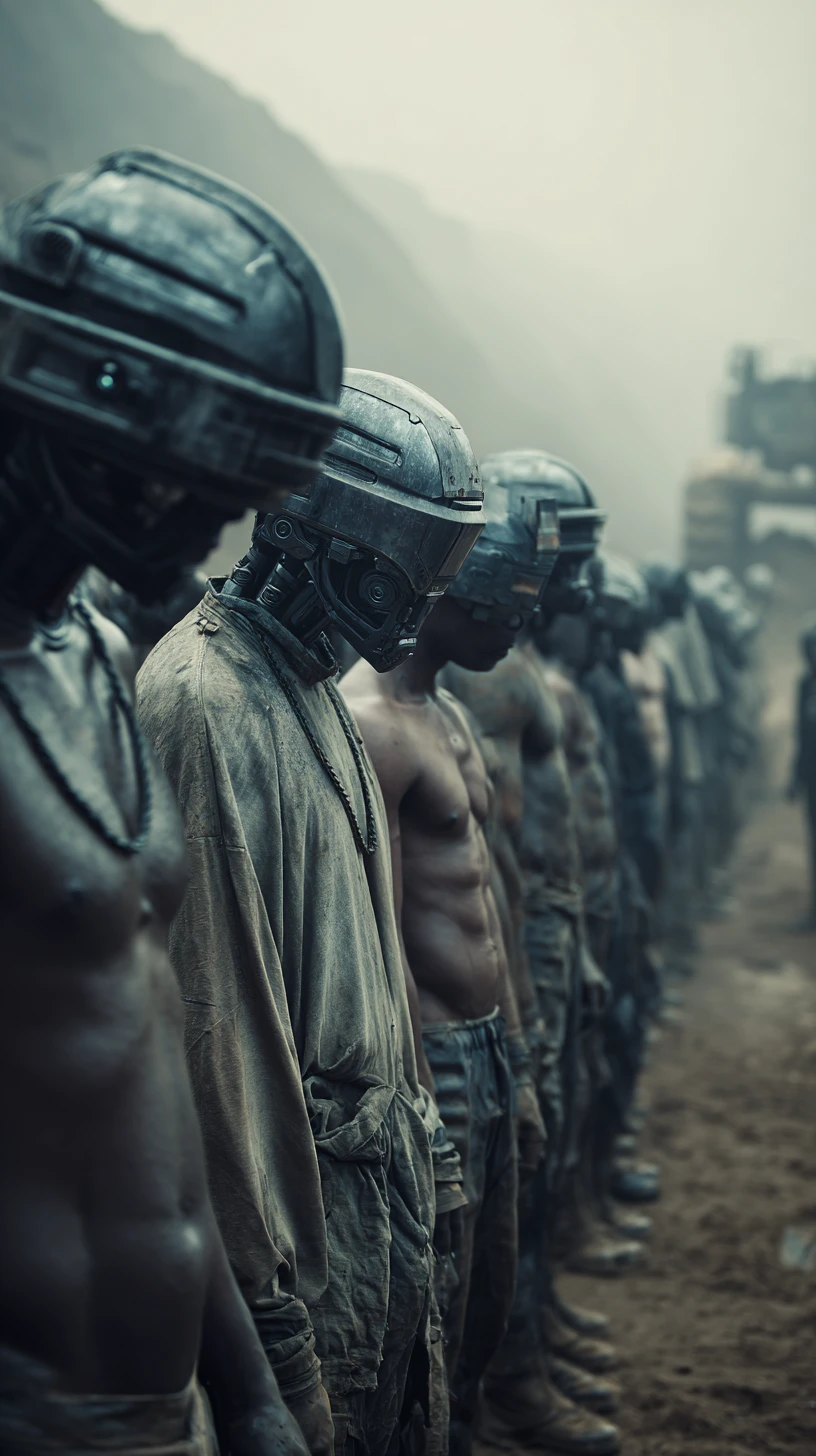 Close up of chained slaves inside a dystopian steel prison
