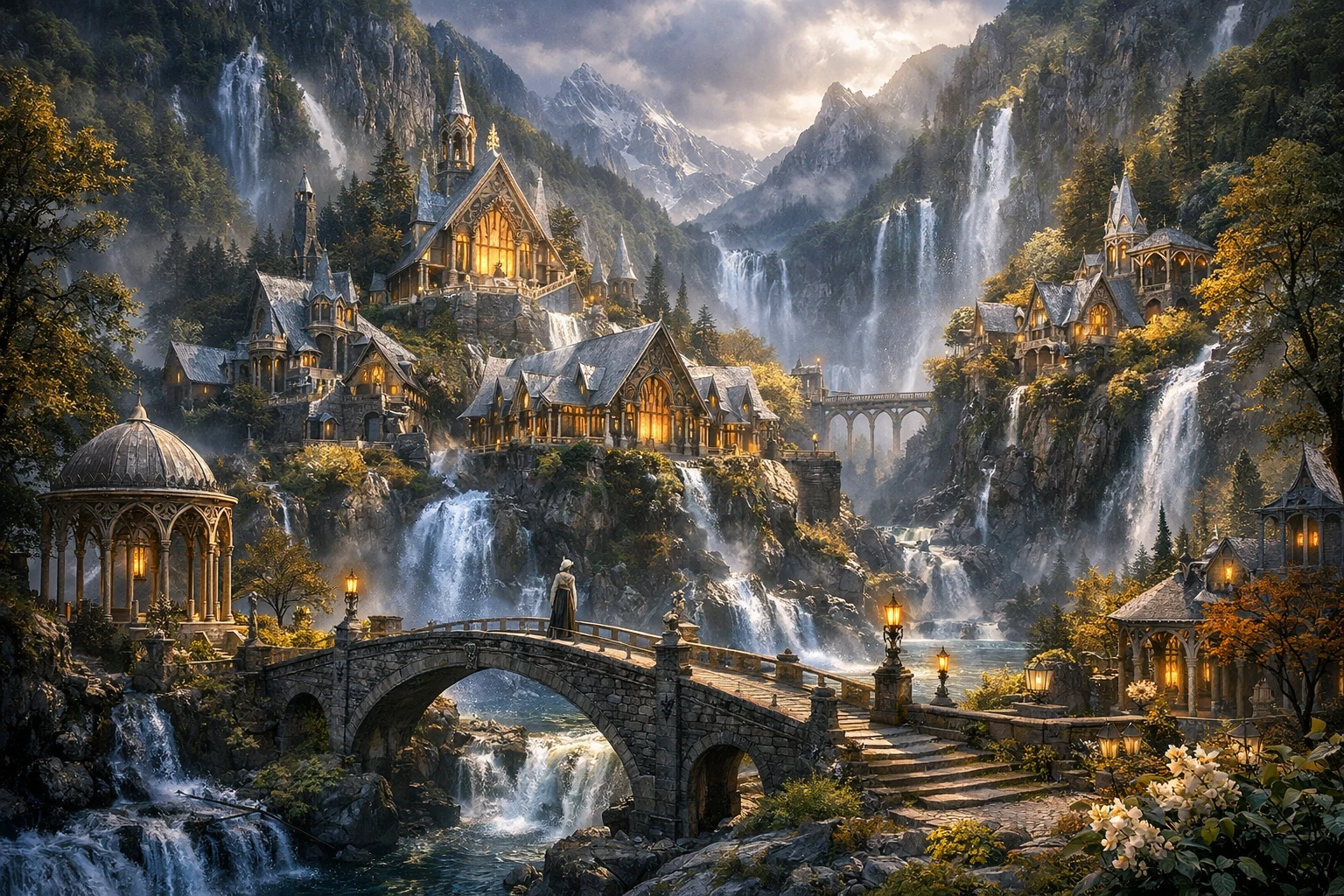 Surreale Fantasy-Stadtlandschaft mit elfischer Architektur