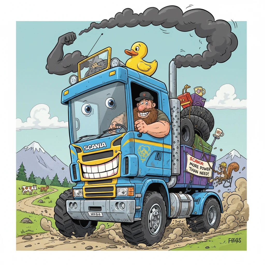 Ilustração de caminhão em estilo cartoon com proporções robustas e exageradas
