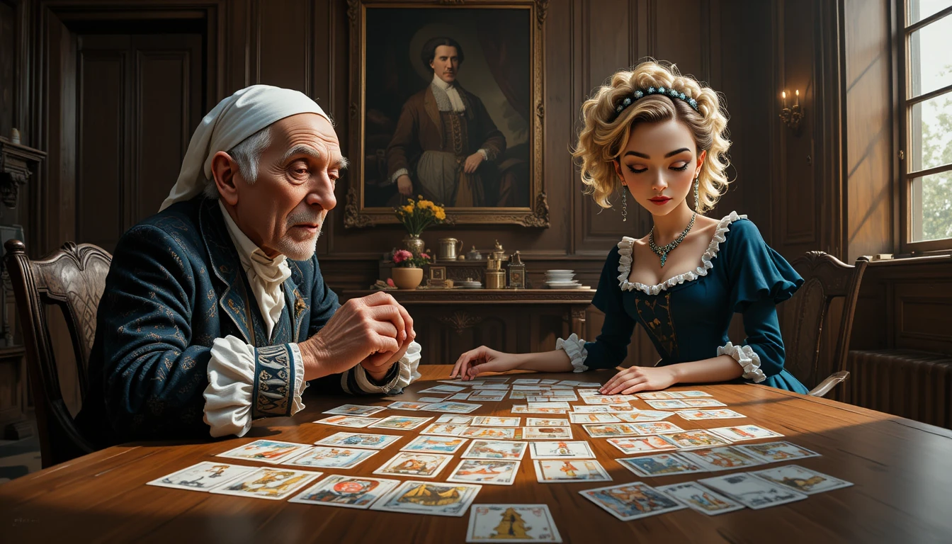 Uomo anziano e giovane donna che leggono i tarocchi