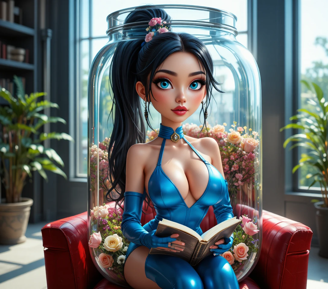 Anime-Sci-Fi-Frau liest in modernem Interieur