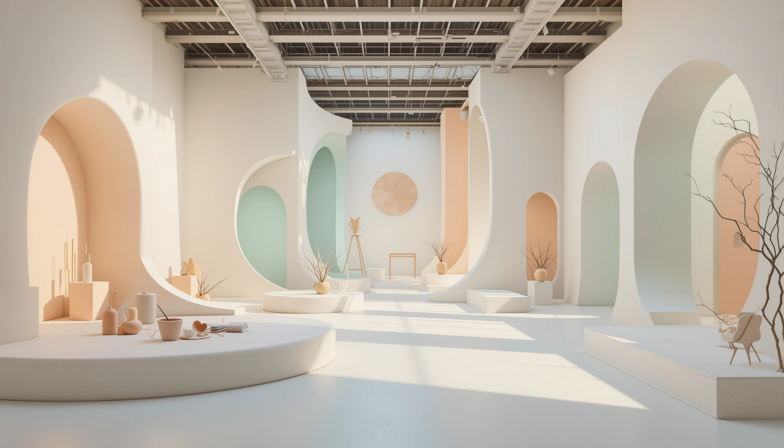 Minimalist pastel art gallery with sculptural interior forms