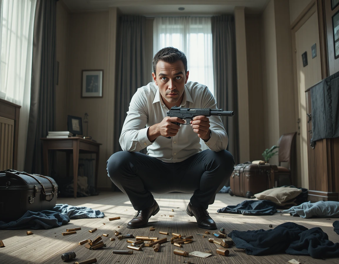 Determined man loading a pistol in a dim hotel room