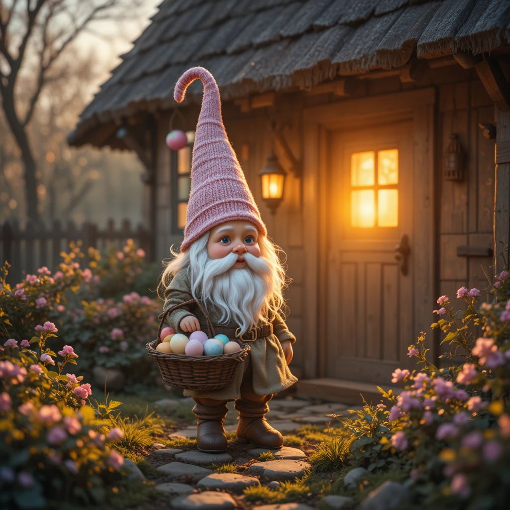 Gnome de Pâques avec panier d’œufs pastel au lever du soleil près d’un cottage