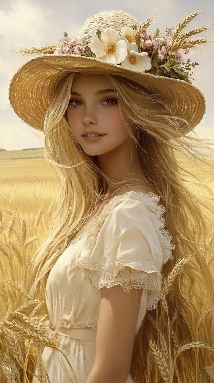 Smiling blonde woman in a wheat field with floral hat