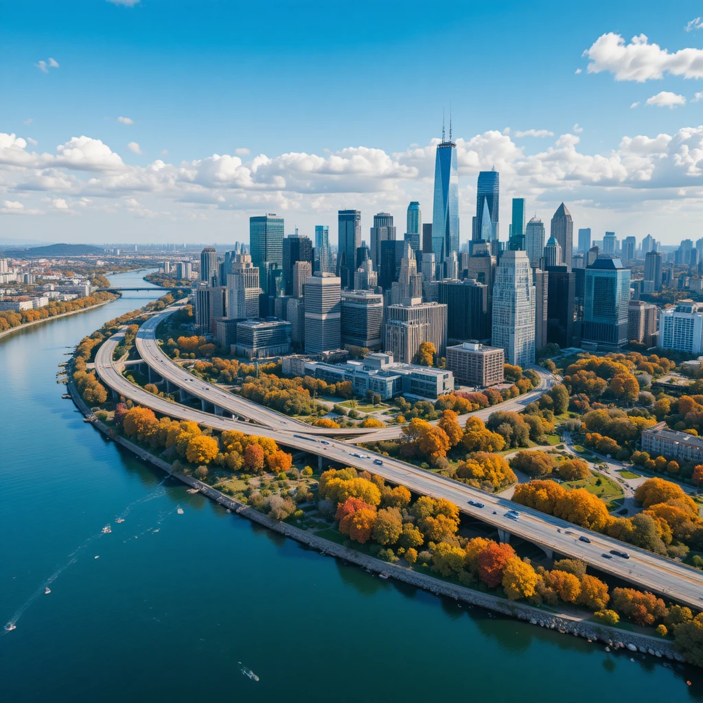 Modern city skyline with river, highways and autumn parks
